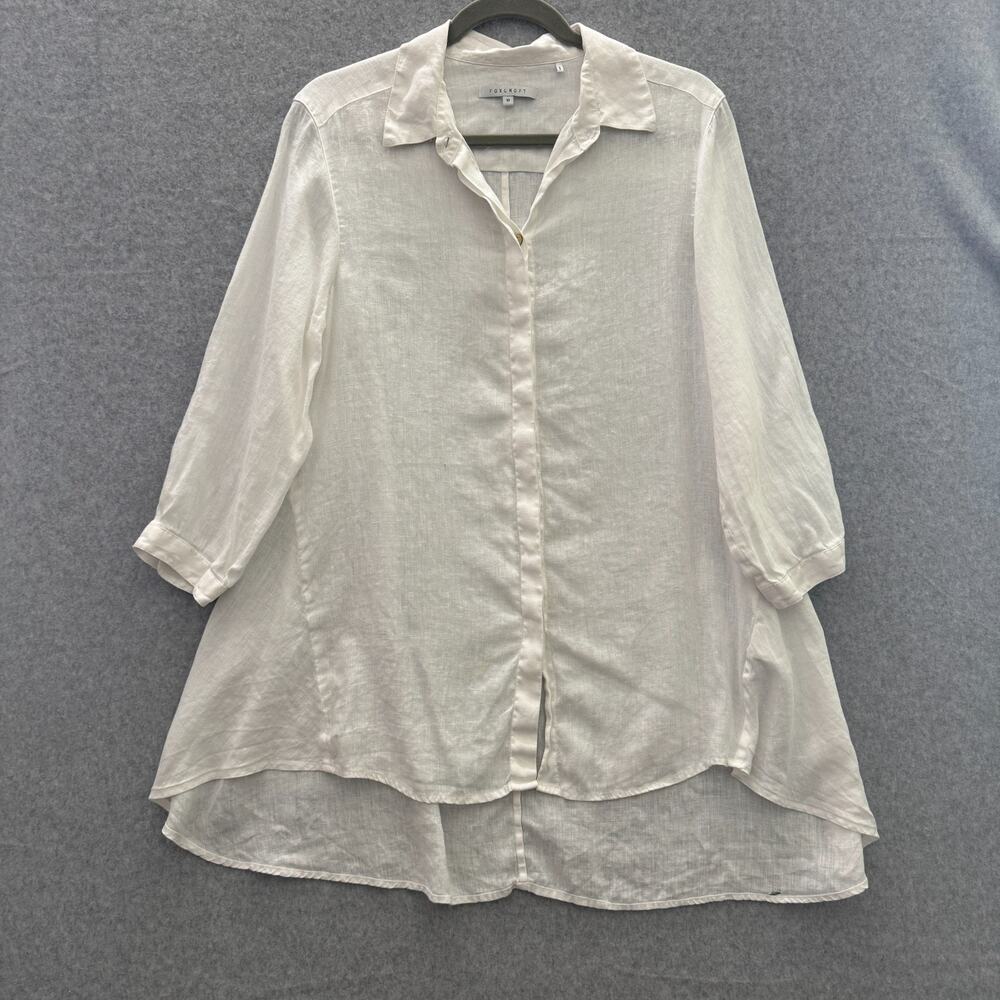 Foxcroft 100% Linen Button Up Tunic Shirt Sz 10 White Coastal Beach Lagenlook